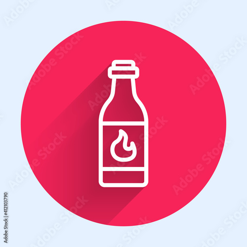 White line Tabasco sauce icon isolated with long shadow. Chili cayenne spicy pepper sauce. Red circle button. Vector.