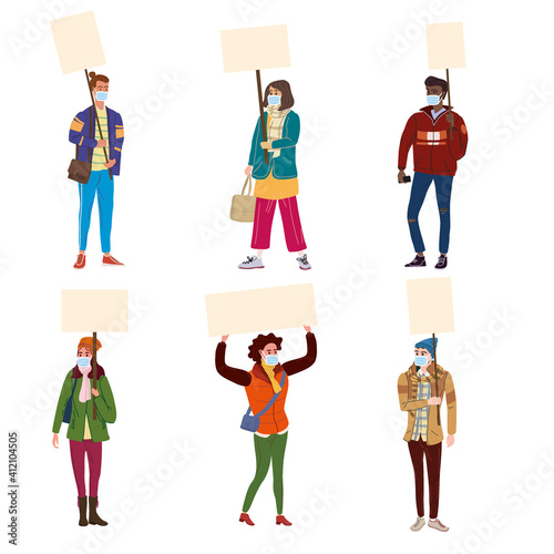 Set of Protesters crowd man and woman in medical masks from virus COVID, holding empty banners. Activists protesting, during a pandemic quarantine coronavirus, political meeting, strike human rights