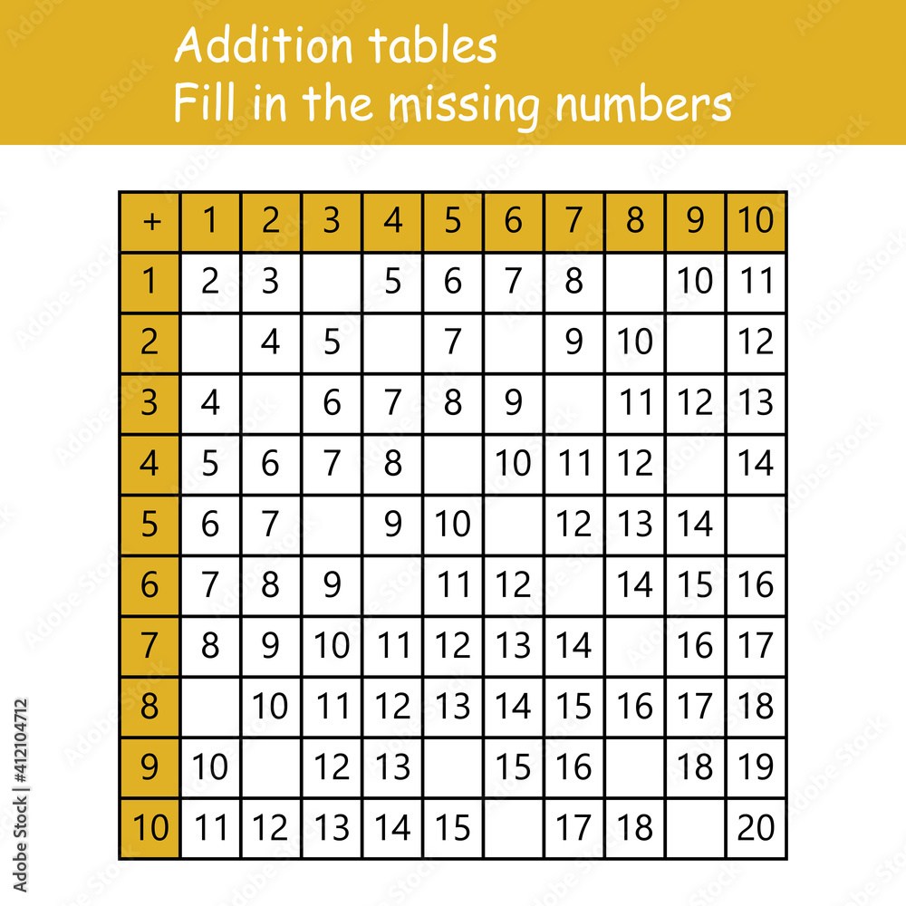 Addition tables. Fill in the missing numbers. Logic game. Poster for kids education. Maths child poster. School vector illustration with colorful cubes on light background. Addition tables. Fill in the missing numbers. Logic game. Poster for kids education. Maths child poster. School vector illustration with colorful cubes on light background.