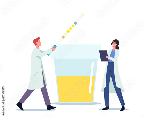 Urine Test for Disease Check Up in Hospital or Clinical Laboratory. Tiny Doctor Characters at Huge Plastic Container