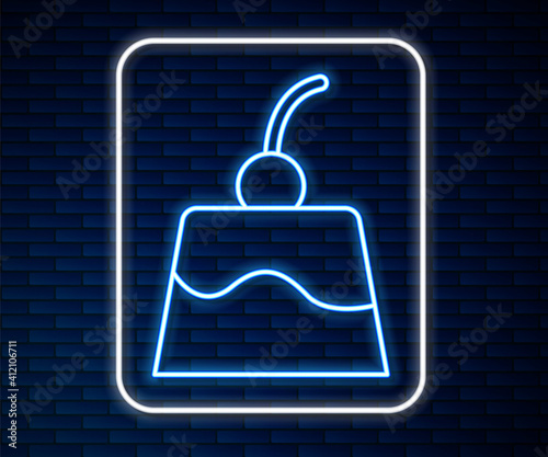 Glowing neon line Pudding custard with caramel glaze icon isolated on brick wall background. Vector.