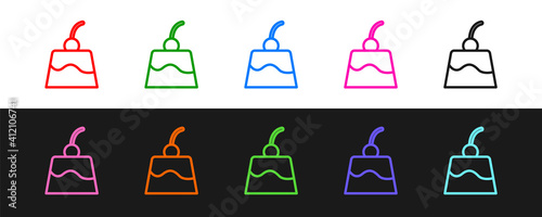 Set line Pudding custard with caramel glaze icon isolated on black and white background. Vector.