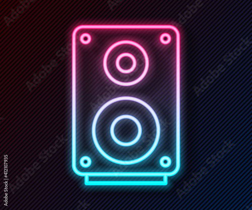 Glowing neon line Stereo speaker icon isolated on black background. Sound system speakers. Music icon. Musical column speaker bass equipment. Vector.