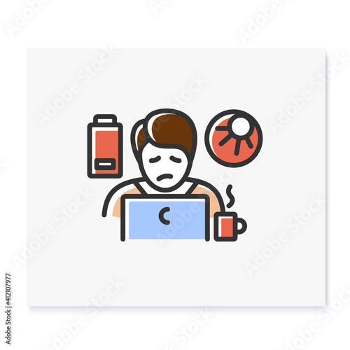 Daytime fatigue color icon. Narcolepsy. Sleep disorder. Healthy sleeping concept. Sleep problems treatment. Falling asleep in day time. Stress. Powerlessness. Isolated editable vector illustration