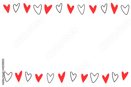 Backgrounds, frames of small outline red black hearts. Hand drawn love romance theme. Horizontal top and bottom edging, border, decoration for birthday, Valentine's day, greeting card, wedding