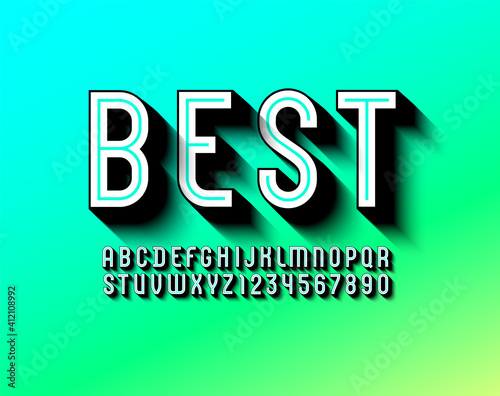 3D trendy font, bright alphabet with black shadows, letters and numbers with line, vector illustration 10eps
