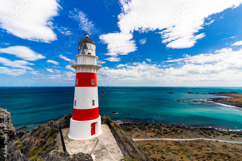 Aerial shot of the Cape Palliser Lighthouse in New Zealand photo