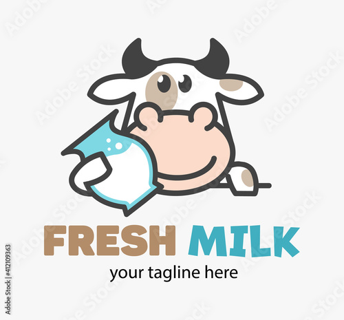 Funny Cute cow holds a milk. Healing natural dairy sign. Design for print, emblem, t-shirt, party decoration, sticker, logotype.