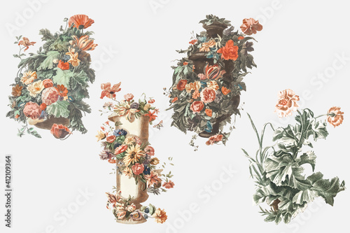 Flower bouquet in vase vector vintage illustration set