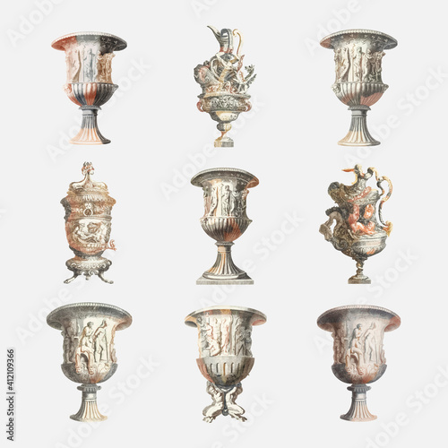 Ancient ornamental vase vector vintage illustration set
