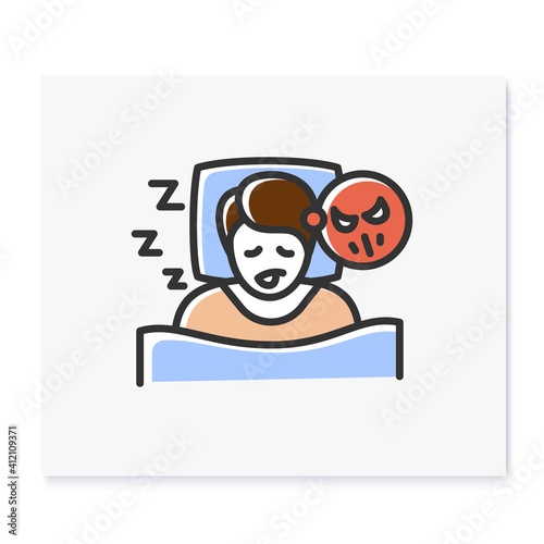 Nightmares color icon. Night terror. Sleep disorder. Healthy sleeping concept. Sleep problems treatment. Stress symptom. Health care. Isolated vector illustration
