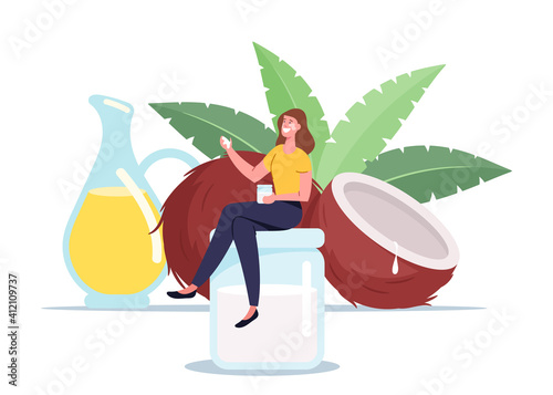 Woman Use Coconut Oil Concept. Tiny Female Character Sitting on Huge Glass Jar near Coco Nut with Green Leaves