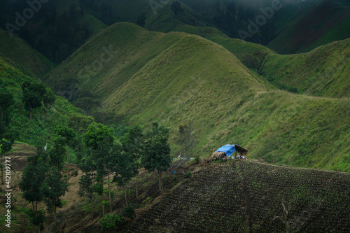 Galuh Park is a natural tourist attraction in the mountains of East Java which is close to the Bondowoso crater. Mountain View With Green Field