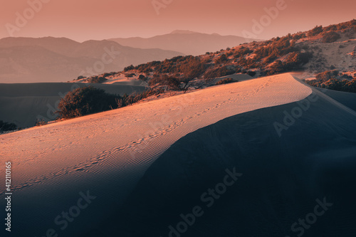 Fototapeta Naklejka Na Ścianę i Meble -  Majestic view of orange sand dunes and hills glow in the rays of the warm sunset in a tropical country. Bushes and distant mountains in the background
