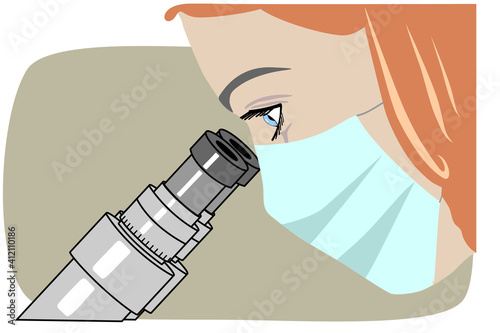 Vector illustration of a masked woman scientist doctor laboratory assistant nurse medical specialist looks through a microscope. It represents a concept of laboratory work, medical research.