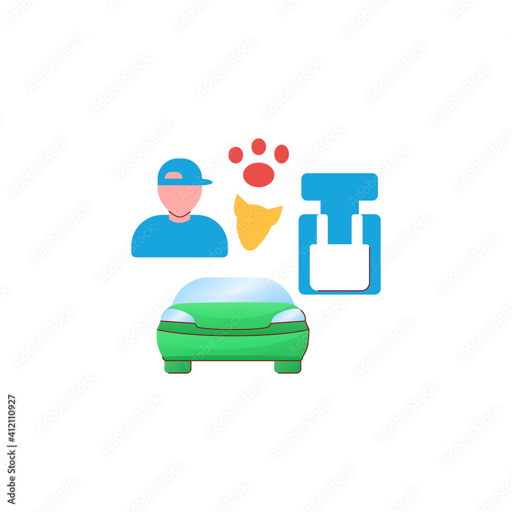 Dog car seat flat icon. Help small dogs see out window while staying restrained in back seat. Protect your pet concept. 3D color vector illustrations