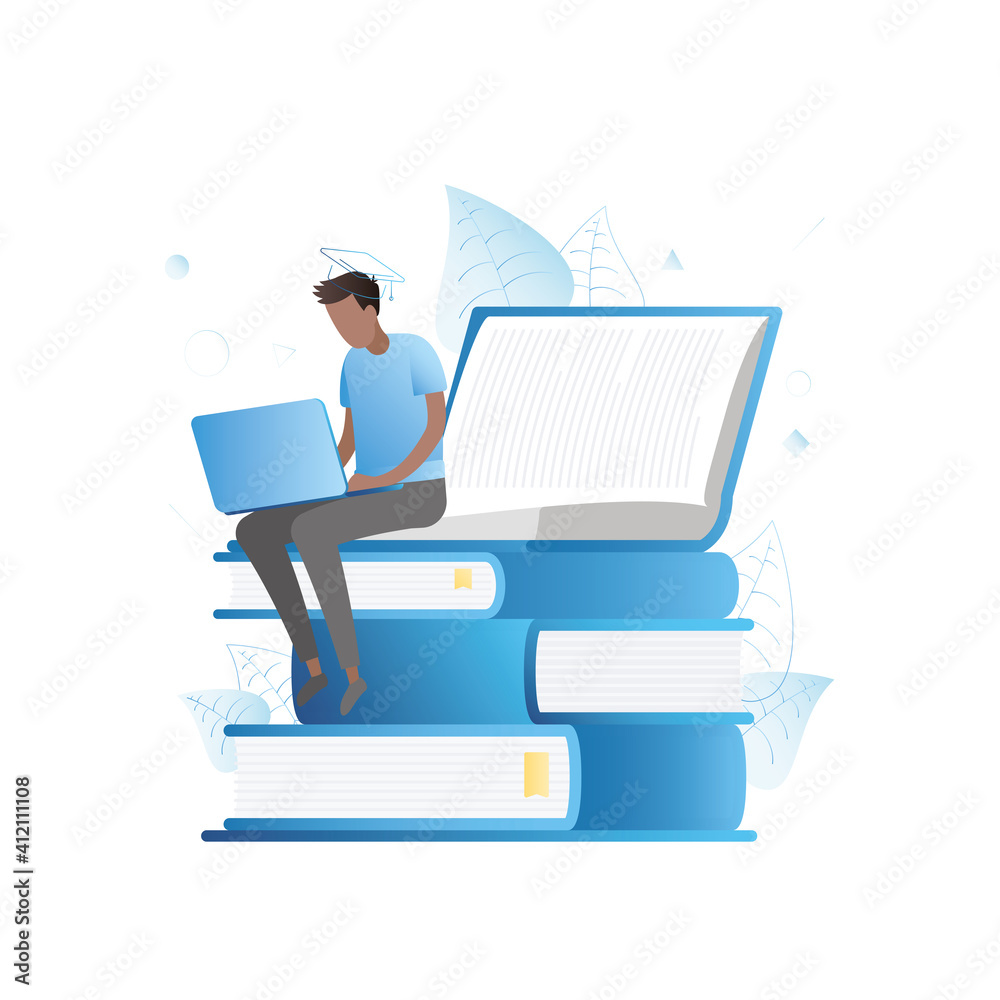 Guy sits on books at laptop. Distance learning online on website, in application.Man listens to lecture, webinar, seminar, courses on Internet. Education, home certificate, graduation. Guy sits on books at laptop. Distance learning online on website, in application.Man listens to lecture, webinar, seminar, courses on Internet. Education, home certificate, graduation.