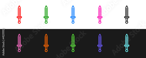Set line Medieval sword icon isolated on black and white background. Medieval weapon. Vector.