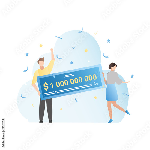 Happy, funny, lucky, rich people stand, jump in confetti with big winning lottery ticket, get check for money, million. Hit the casino jackpot. Successful winners of quiz.