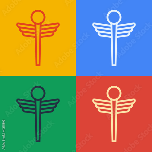 Pop art line Caduceus snake medical symbol icon isolated on color background. Medicine and health care. Emblem for drugstore or medicine, pharmacy. Vector.
