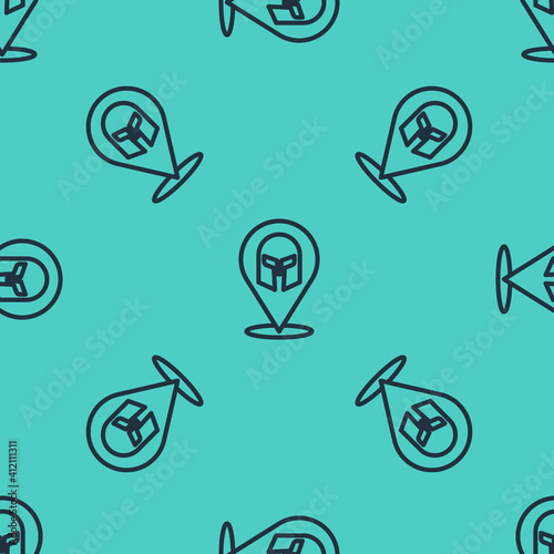 Black line Greek helmet icon isolated seamless pattern on green background. Antiques helmet for head protection soldiers with a crest of feathers or horsehair. Vector.