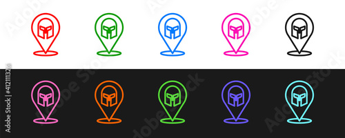 Set line Greek helmet icon isolated on black and white background. Antiques helmet for head protection soldiers with a crest of feathers or horsehair. Vector.