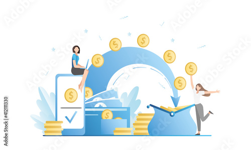 Woman online transfers money from account to account on laptop. Happy girl gets cash. Internet banking services on website, in application. People and banknotes, wallet. Vector illustration.