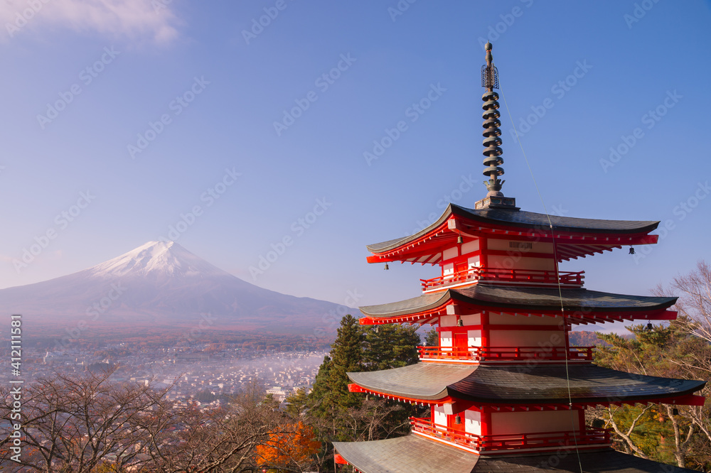Chureito pagoda and Mount Fuji in the morning, Japan in autumn