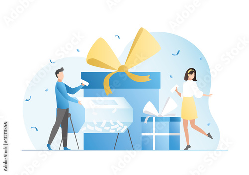 Winning gift in lottery, jackpot in casino. Happy woman jumping into confetti for joy, pulled out lucky ticket from lottery drum. Draw of surprise. Vector illustration of good luck.