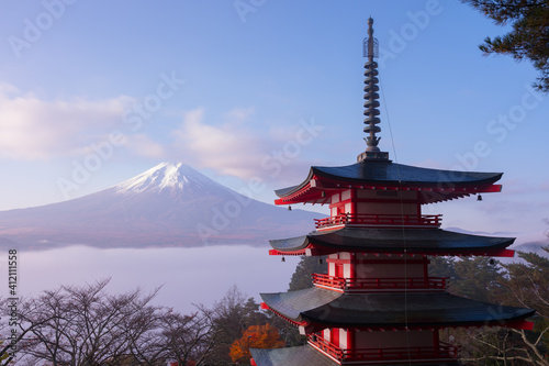 Rare scene of Chureito pagoda and Mount Fuji with morning fog  Japan in autumn