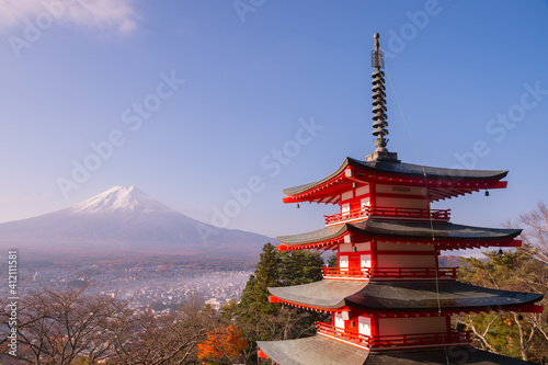 Chureito pagoda and Mount Fuji in the morning  Japan in autumn