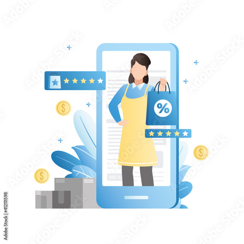 Woman seller in an apron, special work clothes sells goods in package for promotions, sale in an online store, an application on smartphone. Rating, shopping recommendations by stars.