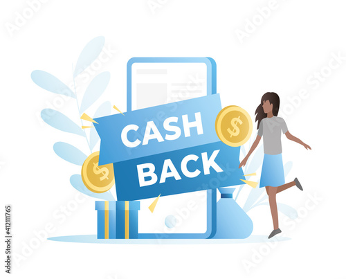 Cash back in smartphone for woman, girl. Vector online money, coins on mobile phone in an application, on website on Internet. Funding credit card account. Banking services.
