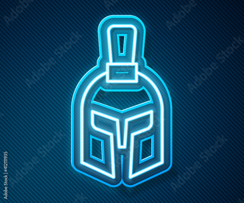 Glowing neon line Greek helmet icon isolated on blue background. Antiques helmet for head protection soldiers with a crest of feathers or horsehair. Vector.
