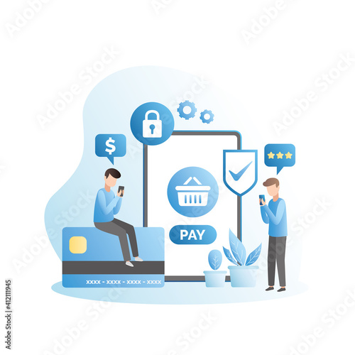 Online shopping, payment by credit card in smartphone on Internet on website, in application. Secure connection. Data protection. People with mobile phone, tablet with password, lock.