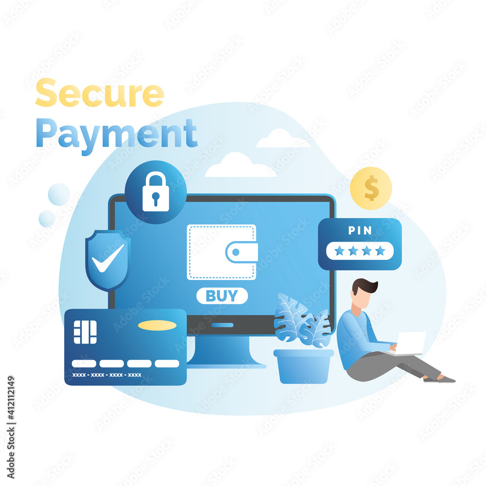 Secure payment with PIN, password, credit or debit card internet login. Data protection. Man and monitor screen, laptop, an online wallet with money, coins under protection, lock, shield.