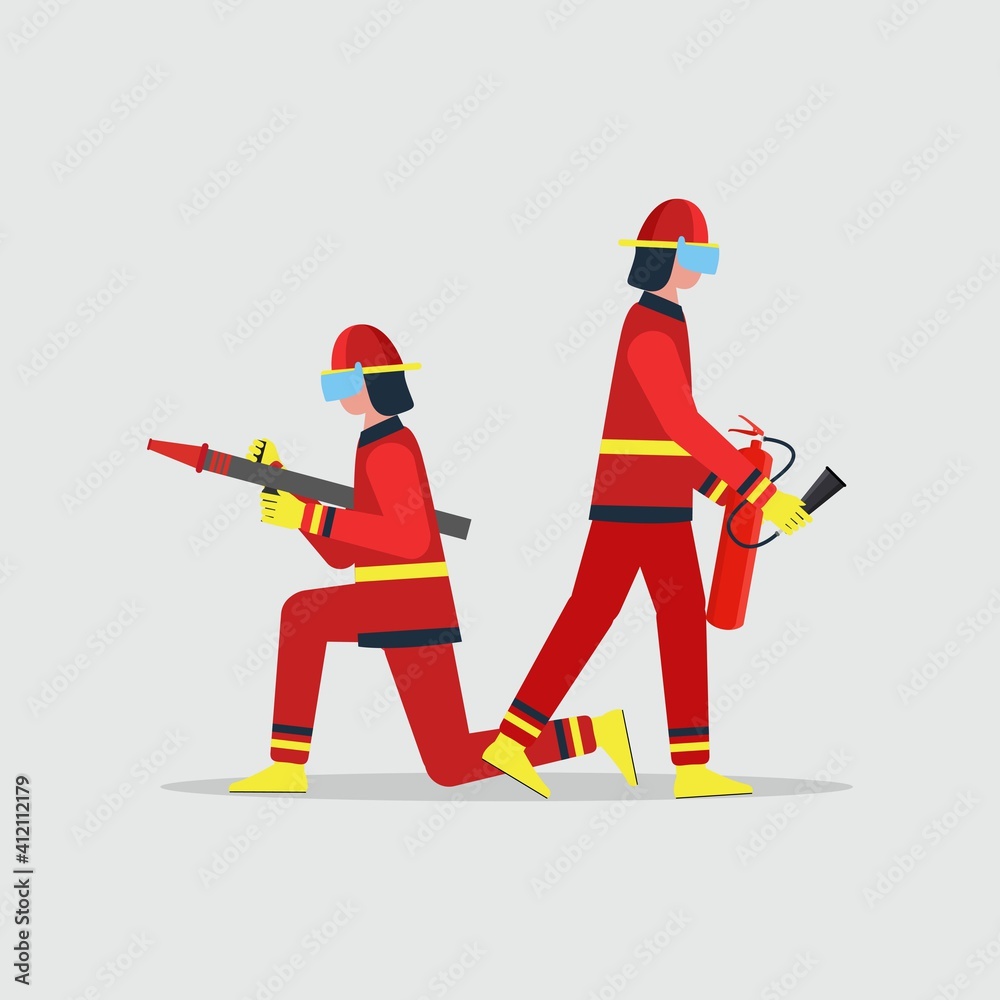 Firefighter characters with rescue equipment vector illustration