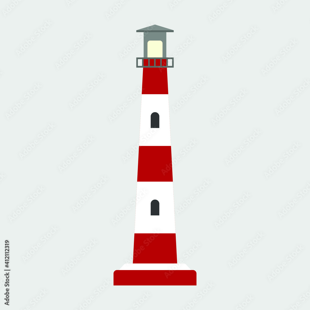 vector lighthouse on the island. flat image of lighthouse tower. lonely lighthouse