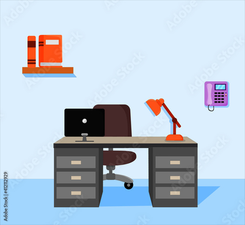 Vector illustration of a work office with a desk, computer and bookshelf