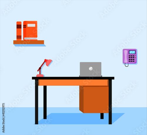 Vector illustration of a workplace office with an office table and bookshelf