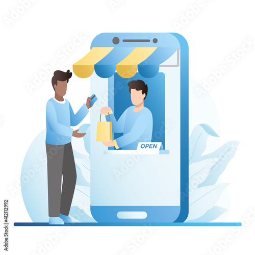 Sale of goods in online store. Man seller opened his website, an application and sells things in bags. By paying with contactless credit card on Internet.