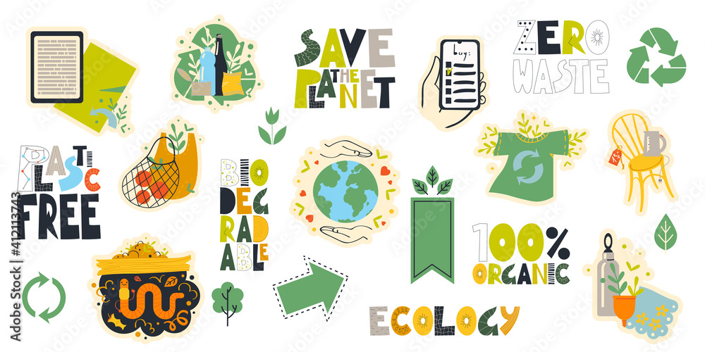 A set of vector clipart on the theme of a zero waste lifestyle and separate garbage collection.