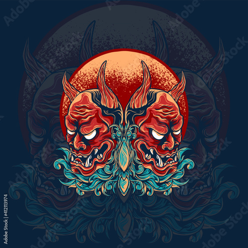 Twin Hannya mask japanese illustration