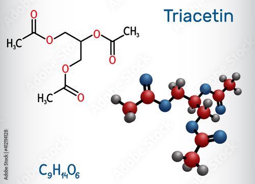 Triacetin, glycerin triacetate molecule. It is triglyceride, triester of glycerol, food additive with E number E1518. Structural chemical formula and molecule model