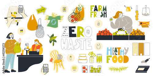 A set of vector clipart on the theme of a zero waste lifestyle at the market.