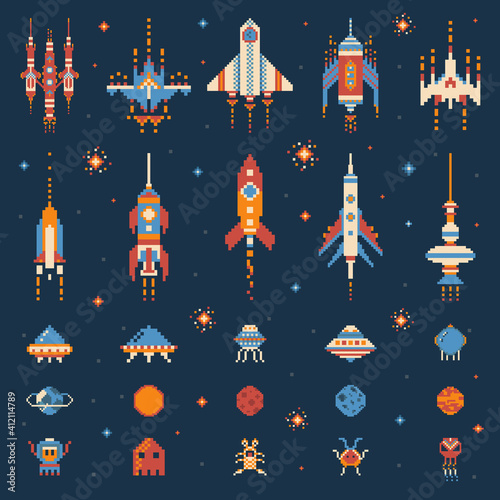 Obraz na płótnie Vintage 8 bit Space Game Icon Set w salonie