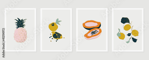 Tropical fruits wall art background vector.  Hand drawn boho plants, palm leaves and floral design for summer artistic cards, brochure covers, invitation, wallpaper, canvas prints and poster.