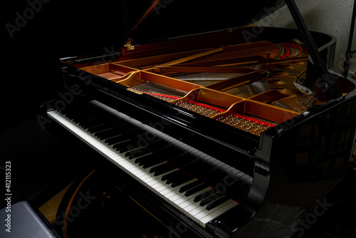 Billede på lærred A close-up of the internal string structure of a top grand piano