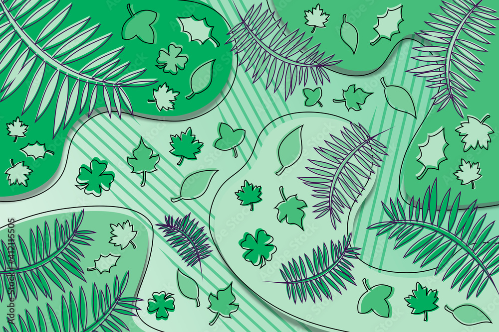 Memphis style background illustration of green fern, holly, maple and shamrock leaves.
