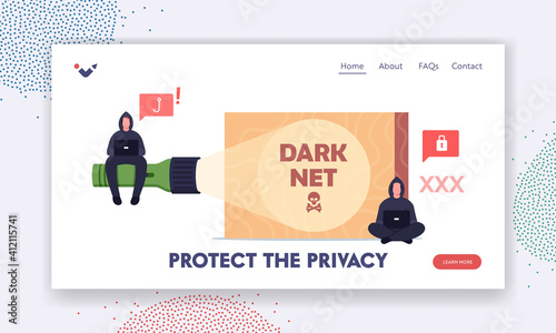 Protect Privacy in Dark Net Landing Page Template. Hacker in Black Hoodie Sitting on Flashlight with Laptop in Darknet